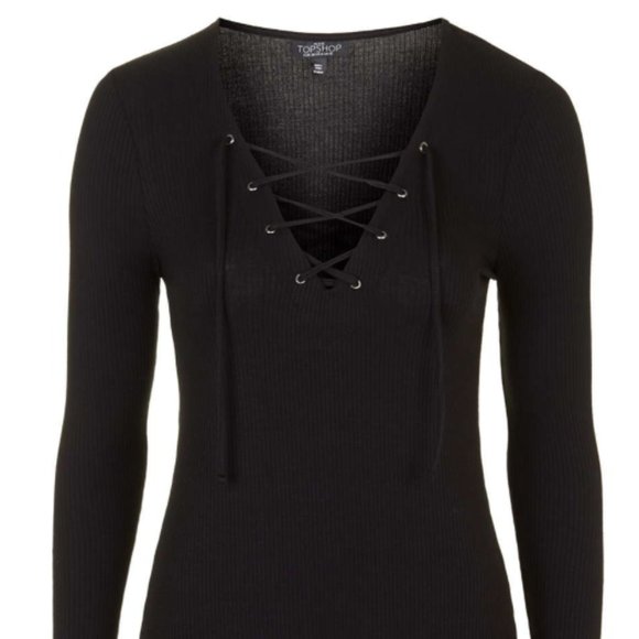 Topshop Petite Ribbed Lace Up Front Dress (Black) - Picture 1 of 2
